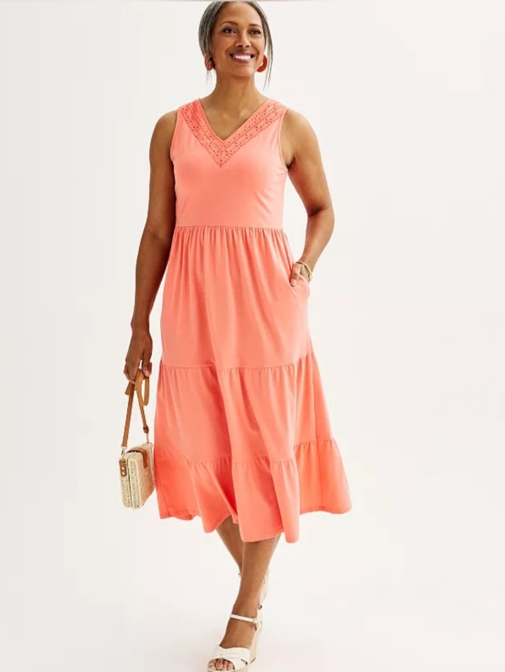 Croft & Barrow Coral Embroidered Tiered Boho Cottagecore Casual Dress - Size XXL